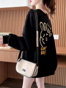 Spring Autumn Thin Pure Cotton Sweatshirt Womens Loose Slimming Fashionable European Style Black Top Coat Female Large Size