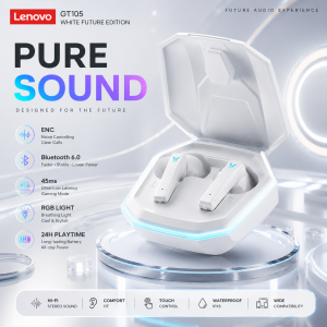 Lenovo | Lenovo GT105 White Future Edition Wireless Earbuds Bluetooth 6.0 ENC Noise Cancelling RGB Light Low Latency HiFi Stereo Earphone