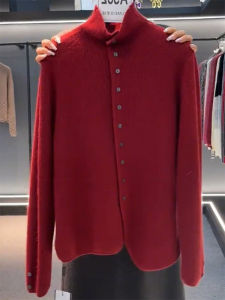 QINGNAER | Fashionable Soft Warm Large Size Red Half High Neck Buttoned Knit Cardigan