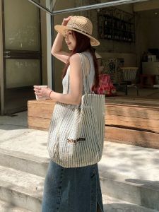 Korean Style Embroidered Letter Striped Tote Bag Single Shoulder Bag Large Capacity Thin Spring Summer Casual Fashion Canvas Bag