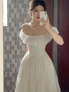CHANGTONG | Off Shoulder Waist Cinching Dress