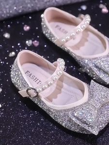 Korea Girl Leather shiny Bow pearl princess shoes Diamond sandals with Box