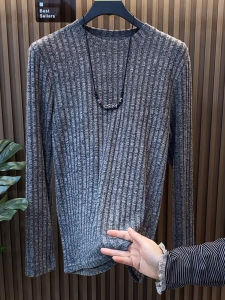 Áo Thun Nam Tay Dài Mùa Thu Mới Màu Xám Thời Trang Đa Năng Sọc Nhuộm Màu Cổ Tròn Áo Nỉ Thường Ngày Thoải Mái