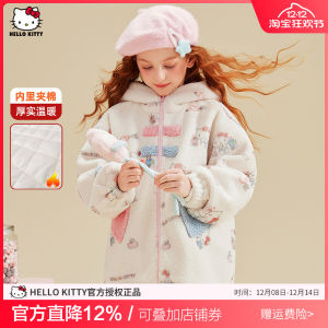 HelloKitty Girls Winter Thickened Cotton Jacket with Hat Fleece Lined Printed Childrens Coat Warm Anti-Hot Sale Polyester Fiber