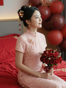 Retro Style Pink Single Color Short Sleeve Breathable Wedding Toasting Qipao Dress