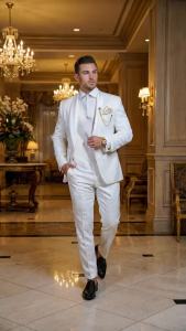 2026 Groomsmen White Pattern Groom Tuxedos Shawl Satin Lapel Men Suits 2 Pieces Wedding Bridegroom