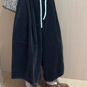 High Waist Corduroy Wide Leg Pants Womens Autumn 2025 Korean Style Elegant Casual Trousers V-Shape Back Zipper Warmth