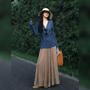 DANTING | Elegant Blue Long Sleeve Top Pleated Skirt Set 2026 Early Autumn New Slimming Sun Protection