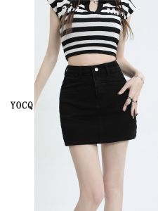 สีดำ เอวสูง สลิมฟิต เดนิม กระโปรงเซ็กซี่มินิ กระโปรงทรงเอ สําหรับผู้หญิง ฤดูใบไม้ผลิ ฤดูร้อน แฟชั่น ลำลอง ผ้าฝ้าย Blend กระโปรงสั้น