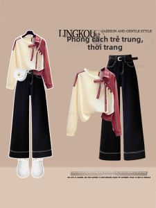 NUMEN BUTTON | Slim Retro Color Block Two Piece Set Flared Jeans