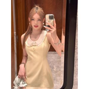 French Elegant Doll Collar Sleeveless Dress Womens Summer Waist Cinching Slimming Yellow Short Skirt A-Line Classical Style Polyester Fabric