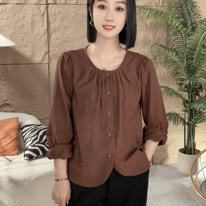 ต้น ฤดูใบไม้ร่วง พลัสไซส์ เสื้อเชิ้ตแขนยาวแฟชั่น คอกลม ลำลอง หลวม พรางหุ่น สําหรับคุณแม่วัยกลางคน เสื้อผ้าผู้หญิง