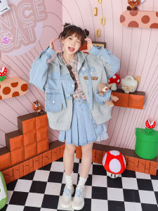 Lazy Bear Loose Fit Sweatshirt Denim Patchwork Hole Design Blue Grey Splicing Oversize Jeans Jacket Sweet Style Womens Coat