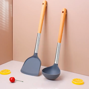 Cooking Spatula Wooden Handle Silicone Heat-Resistant Non-Stick Pan Stir Fry Kitchen Tool