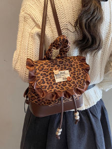 Korean Style College Wind Leopard Print Double Shoulder Bag Childrens Travel Study Trip Retro Bag Soft Handle Commuter Style