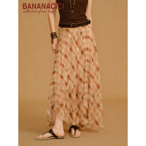BANANA CICI | Chân Váy Dài Vintage Lượn Sóng Cắt Xéo Đan Xen Caro