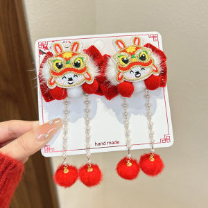 Red Lion Awaking Hair Clip Childrens New Year Festive Baby Hair Accessories 2025 Spring Festival Celebration Headwear