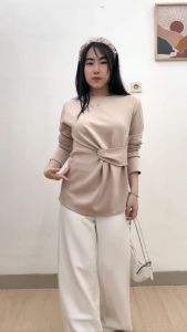 4474 Anna Tied Long Sleeves Scuba Blouse Atasan Wanita Shoulder Top