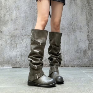FANGXI | Leather Wrinkle Heeled Over Knee Boots