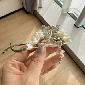 High-End Metal Water Diamond Tassel Twisted Clip Hairpin Womens Stylish Chinese Style Hair Accessories for Back of Head Bun