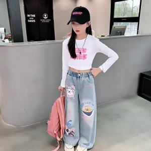 New Kids Girls Jeans 5-16 Years Denim Jeans Wide Leg Trousers Loose Pants for Teens Girls Aesthetics Printed Jeans Straight Leg Pants Elasticated High Waist Pants Korean Style Soft Fashion OOTD