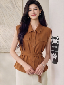 Roey s house | Premium Linen Caramel Sleeveless Summer Leisure Shirt