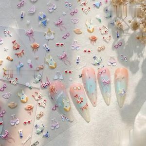 1Pcs 5D Embossed Summer Beach Nail Stickers Bikini Sunglasses Slipper Self Adhesive Decals DIY Tropical Vacation Manicure Supply
