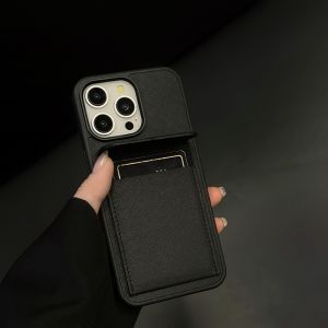 Black Magnetic Absorption Card Holder Phone Case with Cross Pattern Full Cover Soft Silicone for 16Promax 14 Anti-Fall Business Couple 17 High End Feels