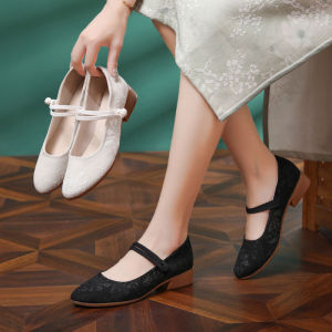 Elegant Embroidered High Heel Flat Work Shoes for Women Traditional Chinese Style Floral Design round Toe Thick Heel Black