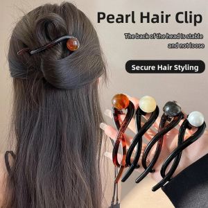 Retro Large Pearl Hair Clip Womens 2025 New High-End Twist Hair Clip Shark Jaw Clip at Back of Head Coffee Color One Word