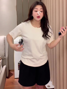 Plus Size Shoulder round Neck White Short Sleeve T-shirt Top Womens Spring and Summer New Arrival Slightly Oversized Girls Loose Slim Looking Bottoming Shirt