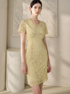 Roey s house | French Lace V-Neck Elegant Slim Yellow Dress