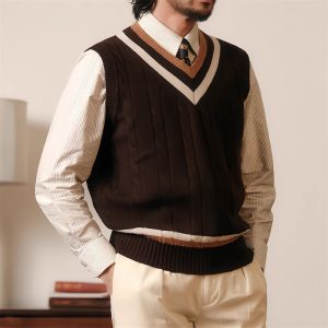 Versatile Knitted Sweater Vest Mens Fashion Urban Style V-Neck Sleeveless Vest Vintage British College Trend Layering Top