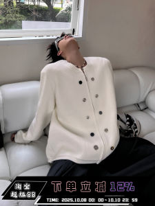 Threenine Niche Design Loose Knitted Cardigan Fastener Decoration Pure Color round Neck Sweater Outwear Men and Women