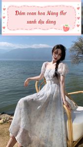 Đầm Voan Hoa Xanh Dương Tay Bồng Cổ Vuông Sẵn Mút Ngực May Bells Đầm Hoa Nàng Thơ Dạo Phố Dáng Dài Đi Biển