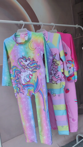 New Kids Swimsuit 1pc Longsleeve Rashguard w/Swimwear Cap Dri-fit For Girls Fashion Unicorn Design Long pants For Childrens 3-11 Years Old