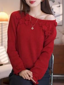 Red Fashion Shoulder-Open Knitted Sweater Womens 2024 Winter Elegant 3D Flower High-End Slimming Top Lucky Year Knitwear