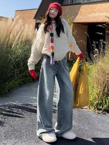 Blue High Waist Straight Leg Jeans Women plus Size Hiding Hip Pear Shape Loose Slimming Wide Leg Pants Commute Style