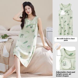 Miiow | Pure Cotton Summer Sleepwear Womens Thin Sleeveless Vest Dress With Chest Pad Ladies Home Clothes Can Be Worn Outside