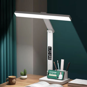 LED Clock Table Lamp USB Chargeable Dimmable Desk Lamp 2 Heads 180 Rotate Foldable Eye Protection Reading Night Light