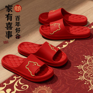 Dép Cưới Màu Đỏ Mùa Hè Chống Trượt Cho Nữ Năm Sinh 2025 Dép Đi Trong Nhà Bằng Vải Cotton Phong Cách Trung Hoa
