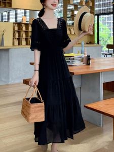 Váy Dài Xếp Ly Ren Cổ Chữ V Tay Bồng Mùa Hè Cỡ Lớn Kiểu Pháp Che Phủ Eo Vải Voan Cổ Điển Váy Midi Thanh Lịch