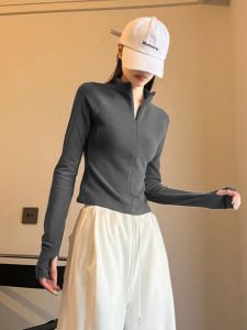Zipper Long Sleeve Stand Collar Half High Neck T-Shirt Women Short Style Base Shirt Korean Version Slim Fit Pure Color Spring