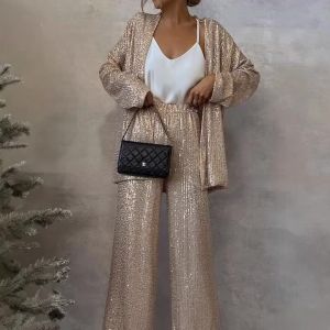 New Fashion Sequin Womens Two Peice Sets Elegant Long Sleeve Blazer Pants Suits Cardigan Temperament Slim Fit Womens Clothing