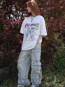 Kemeja Oblong Wanita Musim Panas Bergaya Gadis Muda Bercetak Kupu-Kupu Putih Model Baru Gaya Amerika Retro Barang Impor Eropa Ukuran Besar Longgar dan Membuat Tubuh Tampak Lebih Ramping Kerah Bulat Atasan yang Dipakai dengan Cara Dipasang