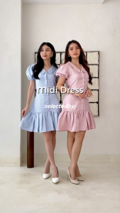 Gown Tweed Korea Midi Casual Anggun dengan Kerah Angpao dan Kancing Emas