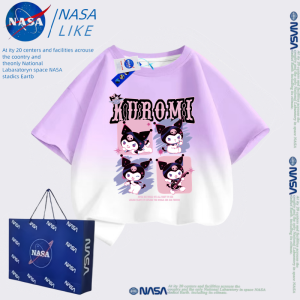 NASA Kurokos Short Sleeve T-Shirt for Girls Pure Cotton Gradient Color Summer Breathable Comfortable Cartoon Print round Neck