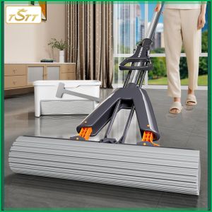 ม็อบฟองน้ำไม้ถูพื้นแบนแบบไม่ต้องใช้มือจับสำหรับคนขี้เกียจทำความสะอาดตัวเองไม้ถูพื้นผ้าฝ้ายยางขนาด33ซม. อุปกรณ์ทำความสะอาดพื้นบีบแห้งและเปียกด้วยตัวเอง