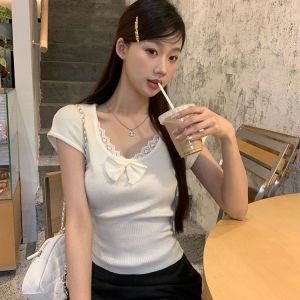 Áo Thun Nữ Mùa Hè Thường Ngày Cổ Tròn Tay Ngắn Ren Thắt Nút Bướm Dệt Kim Thon Gọn Chất Liệu Polyester Phong Cách Hàn Quốc