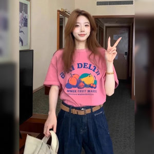 BINKAFENNY | Large Size Womens Pink Fruit Letter Print Short Sleeve T-Shirt Summer Loose Slimming Beautiful Top Korean Style Commute Fashion